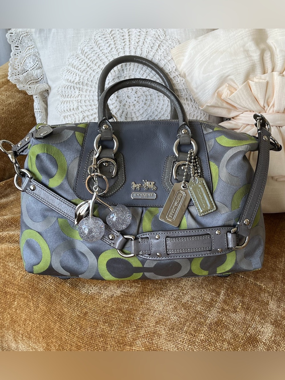 Coach Gray 🩶💚 Lime Signature Satchel with Leather Trim, EUC Y2K